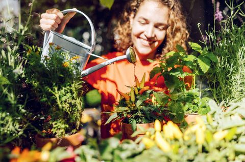 Deike Haßler gießt Pflanzen in ihrem Garten