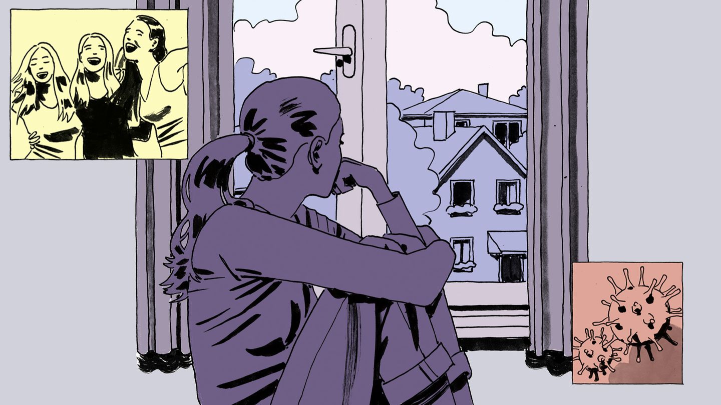 Einsamkeit Illustration: Frau sitzt am Fenster und schaut raus