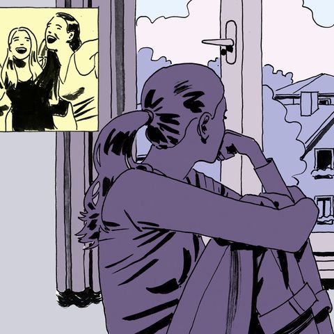 Einsamkeit Illustration: Frau sitzt am Fenster und schaut raus