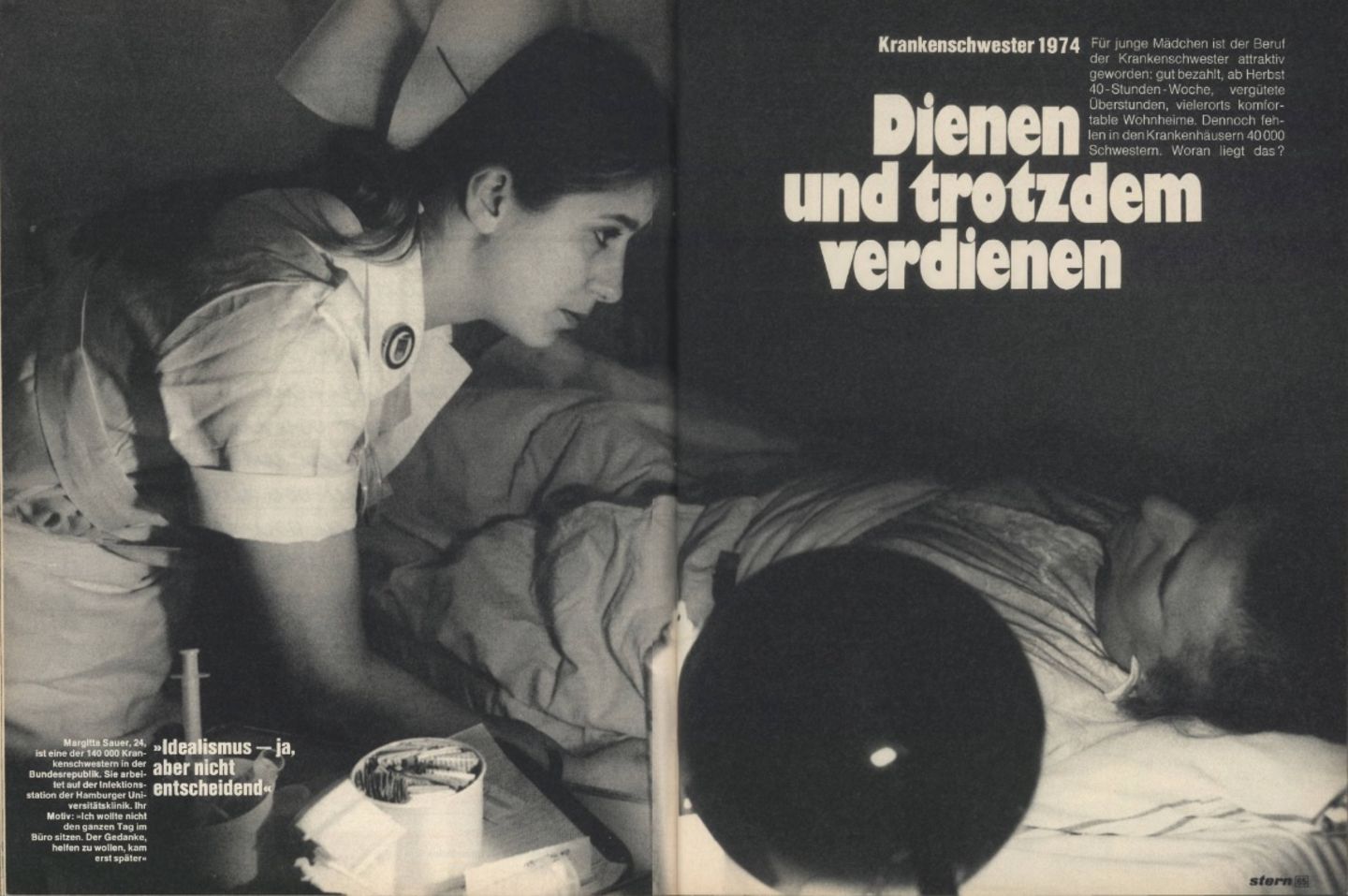 In der Titelgeschichte wird das Fehlen von 40.000 Krankenhschwestern in den bundesdeutschen Kliniken beklagt, obwohl der Beruf "für junge Mädchen" als "attraktiv" beschrieben wird: "gut bezahlt, ab Herbst 40-Stunden-Woche, vergütete Überstunden, vielerorts komfortable Wohnheime"
