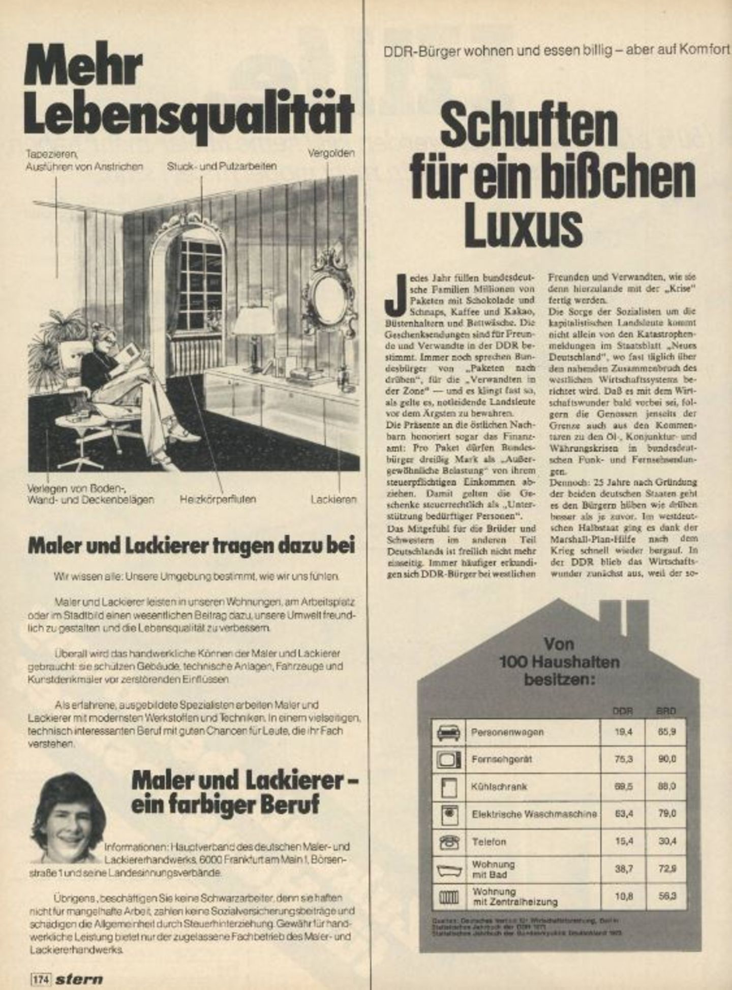 "DDR-Bürger wohnen und essen billig – aber auf Komfort müssen sie noch verzichten" – ein Vergleich der Statistiken aus der Bundesrepublik und den Nachbarn im Osten zeigt den größeren Wohlstand im Westen. Aber auch: In der BRD liegt der der jährliche Pro-Kopf-Verbrauch an Zigaretten bei 2041, in der DDR nur bei 1307.