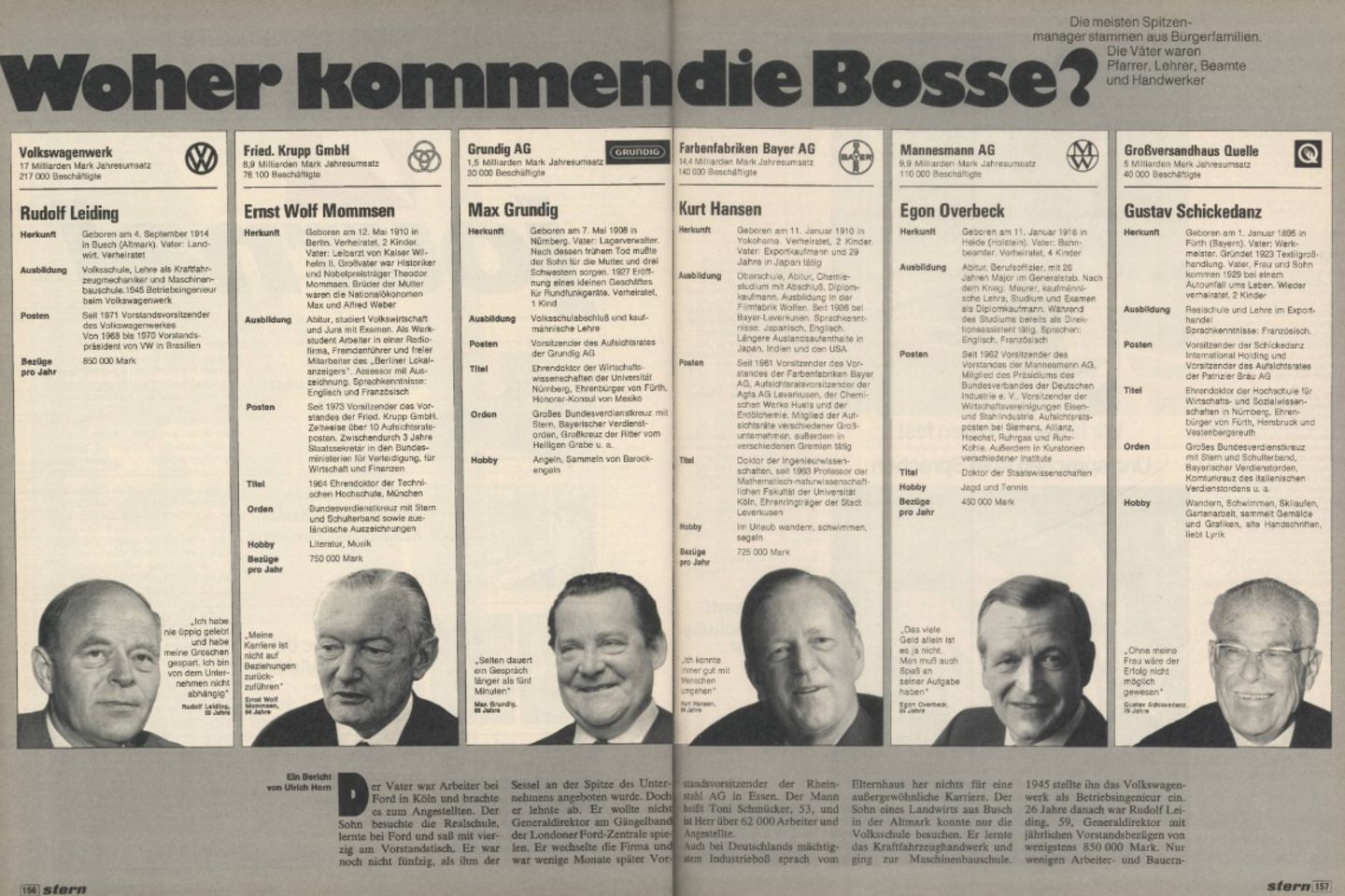 Das Who-is-who der deutschen Wirtschaft: Die Spitzen von Volkswagen, Krupp, Grundig, Bayer, Mannesmann, Quelle und anderen Unternehmen im Direktvergleich. Herkunft, Ausbildung, Posten, Hobbys, Verdienst. Und zwischendrin: "Die Top-Manager behaupten: Eine Frau kann unseren Posten nicht ausfüllen."