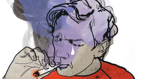 Illustration der Kolumen Die Diagnose: Ein Mann zieht an einem Joint während ihm eine Träne die Wange herunterläuft