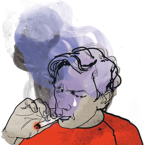 Illustration der Kolumen Die Diagnose: Ein Mann zieht an einem Joint während ihm eine Träne die Wange herunterläuft