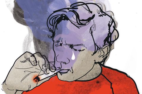 Illustration der Kolumen Die Diagnose: Ein Mann zieht an einem Joint während ihm eine Träne die Wange herunterläuft
