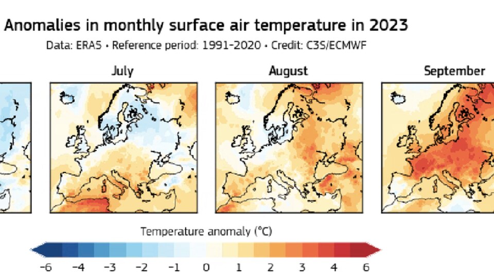 Entwicklung der Lufttemperatur in Europa im von Juni bis Spetember 2023