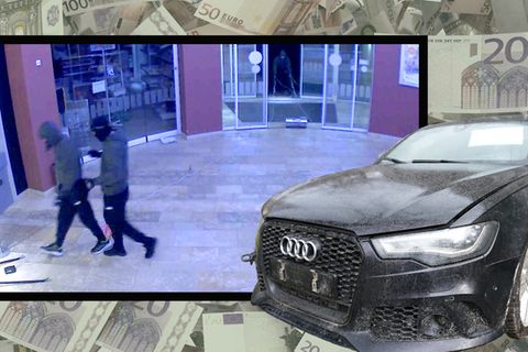 Collage zeigt einen Video Grab eines Einbruchs in eine Bankfilliale Geldscheine und einen Audi A6