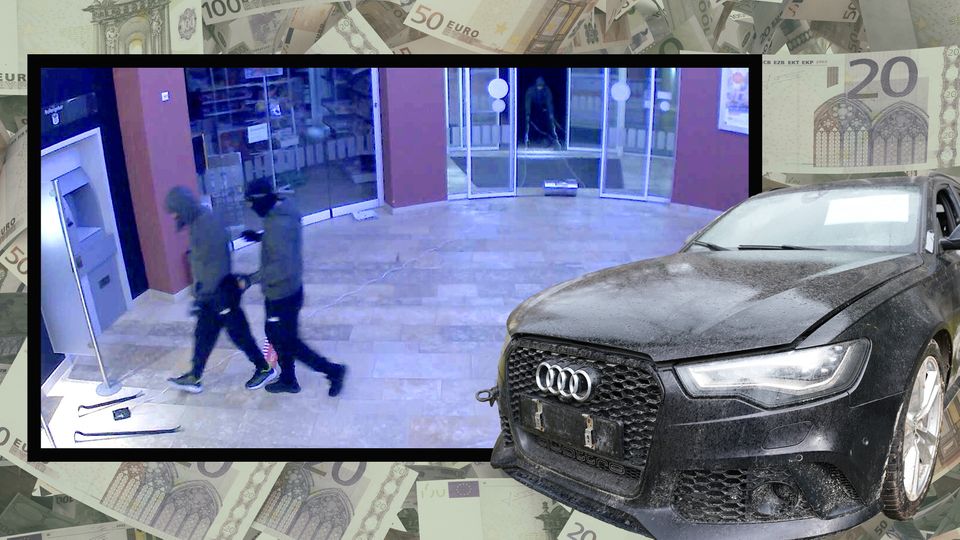 Collage zeigt einen Video Grab eines Einbruchs in eine Bankfilliale Geldscheine und einen Audi A6