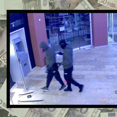 Collage zeigt einen Video Grab eines Einbruchs in eine Bankfilliale Geldscheine und einen Audi A6