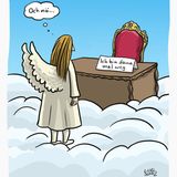 Cartoon eines Engels, der vor dem leeren Thron Gottes steht. Ein Schild verrät "Ich bin dann mal weg"