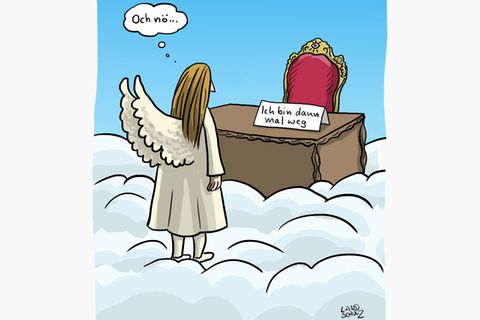 Cartoon eines Engels, der vor dem leeren Thron Gottes steht. Ein Schild verrät "Ich bin dann mal weg"