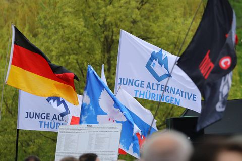 Flaggen auf einer AfD-Demo: Die Deutschlandfahne, eine Fahne der Jungen Alternative Thüringen, eine Flagge mit der Friedenstaube