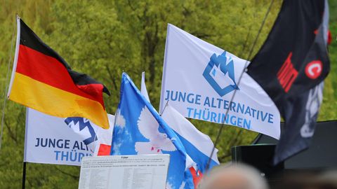 Flaggen auf einer AfD-Demo: Die Deutschlandfahne, eine Fahne der Jungen Alternative Thüringen, eine Flagge mit der Friedenstaube