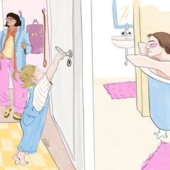 Illustration zeigt: eine Frau in der Wanne und die Familie die vor der Tür auf sie wartet
