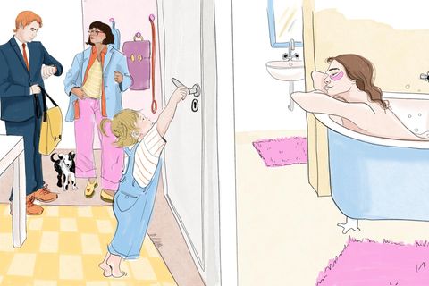 Illustration zeigt: eine Frau in der Wanne und die Familie die vor der Tür auf sie wartet