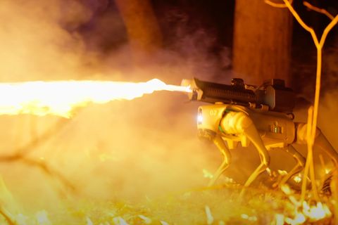 Ein Roboter mit Flammenwerfer auf dem Rücken steht im Wald.
