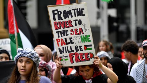 Eine Frau hält ein Plakat während eines Pro-Palästina-Protestes in die Höhe