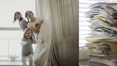 Bildkombination ziegt Kinder die hinter einem Vorhang spielen und einen Stapel mit Unterlagen