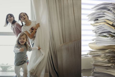 Bildkombination ziegt Kinder die hinter einem Vorhang spielen und einen Stapel mit Unterlagen