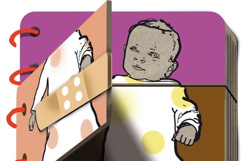 Illustration der Kolumne Die Diagnose: Ein Notizblock mit einem Baby vorne drauf
