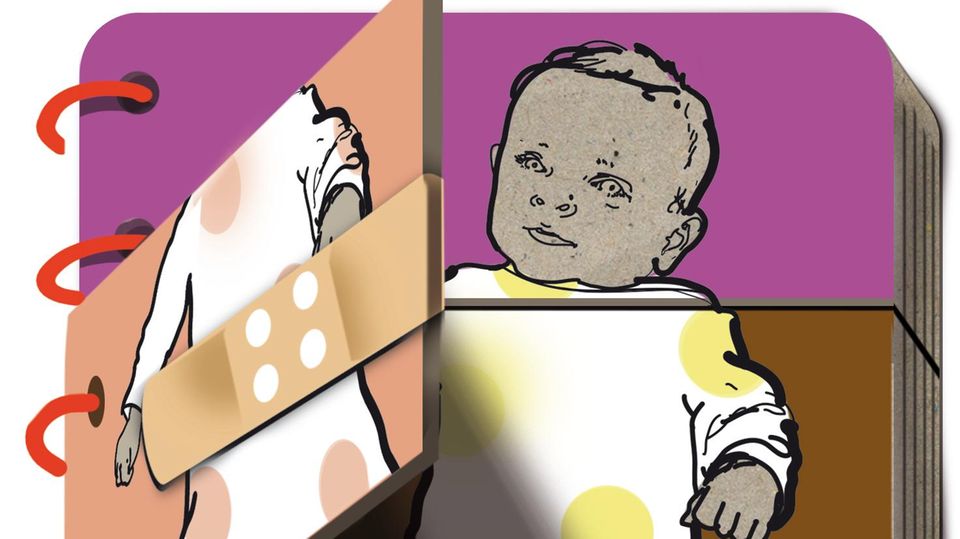 Illustration der Kolumne Die Diagnose: Ein Notizblock mit einem Baby vorne drauf