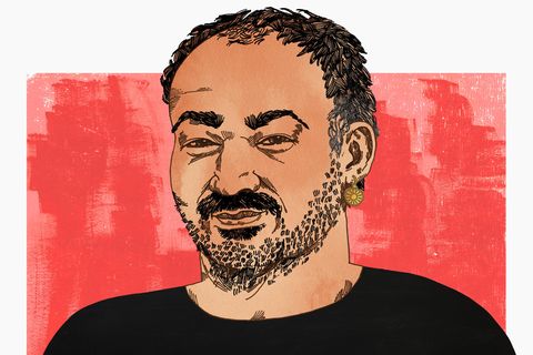 Illustration zeigt ein Portrait von Dincer Gücyeter auf rotem Hintergrund