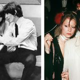 Bildkombination zeigt George Harrison (l.) und Eric Clapton jeweils mit ihrer Muse Pattie Boyd