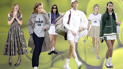 Collage zeigt verschiedene VIP's spazieren in Tennis Kleidung über Tennis Bällen