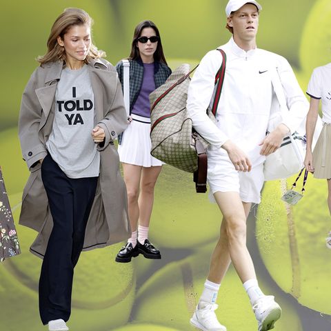 Collage zeigt verschiedene VIP's spazieren in Tennis Kleidung über Tennis Bällen