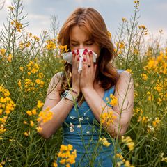 Frau schnäuzt sich auf Blumenwiese die Nase