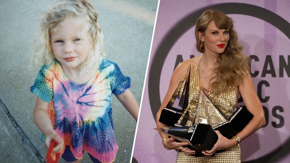 Ein Foto des Popstars Taylor Swift als Kind im Vergleich zu heute