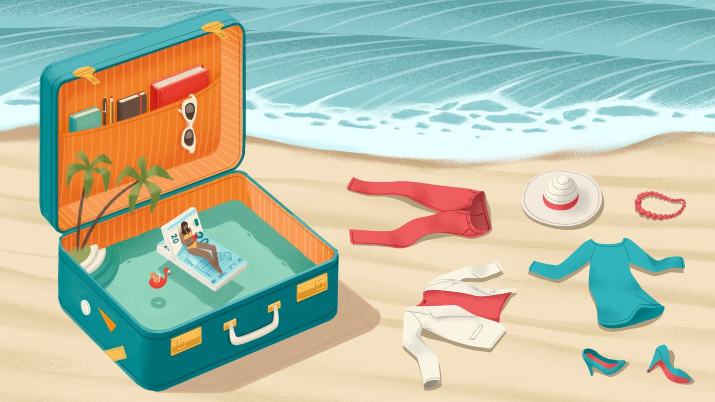 Illustration zeigt einen Koffer in dem Wasser steht und eine Frau auf einem Geldschein im Wasser schwimmt im Hintergrund Strand
