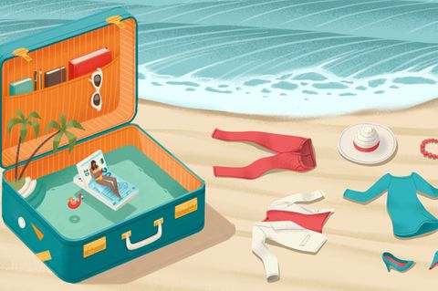 Illustration zeigt einen Koffer in dem Wasser steht und eine Frau auf einem Geldschein im Wasser schwimmt im Hintergrund Strand