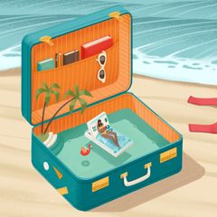 Illustration zeigt einen Koffer in dem Wasser steht und eine Frau auf einem Geldschein im Wasser schwimmt im Hintergrund Strand