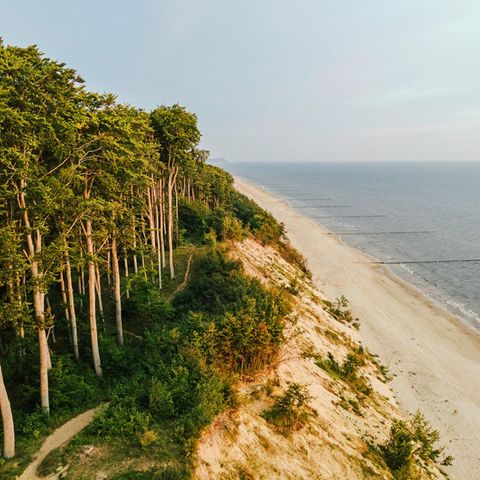 Luftaufnahme des Strandes auf der Insel Usedom in der Nähe von Bansin am frühen Morgen.