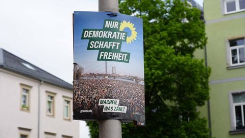 In Dresden hängt ein Wahlplakat der Grünen an einem Laternenpfahl