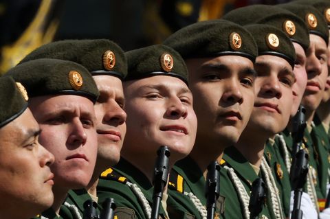 Russische Soldaten bei einer Übung für die Militärparade am 9. Mai in Moskau