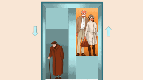 Gif zeigt einen Patanostra Aufzug in dem ein älterer Armer Mann nach unten und ein reiches altes Paar nach oben fährt