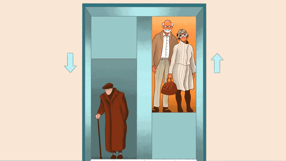 Gif zeigt einen Patanostra Aufzug in dem ein älterer Armer Mann nach unten und ein reiches altes Paar nach oben fährt