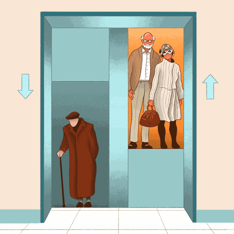 GIF shows a Patanostra elevator in which an older poor man goes down and a rich old couple drives up