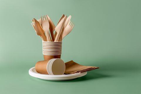 Ein Set Einweg-Geschirr aus Pappe auf grünem Grund