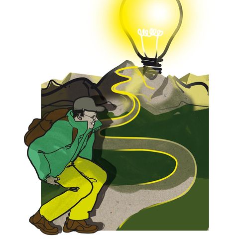 Illustration eines Mannes, der sich beim Wandern an die Kniekehle greift