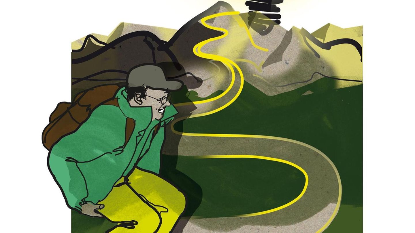 Illustration eines Mannes, der sich beim Wandern an die Kniekehle greift