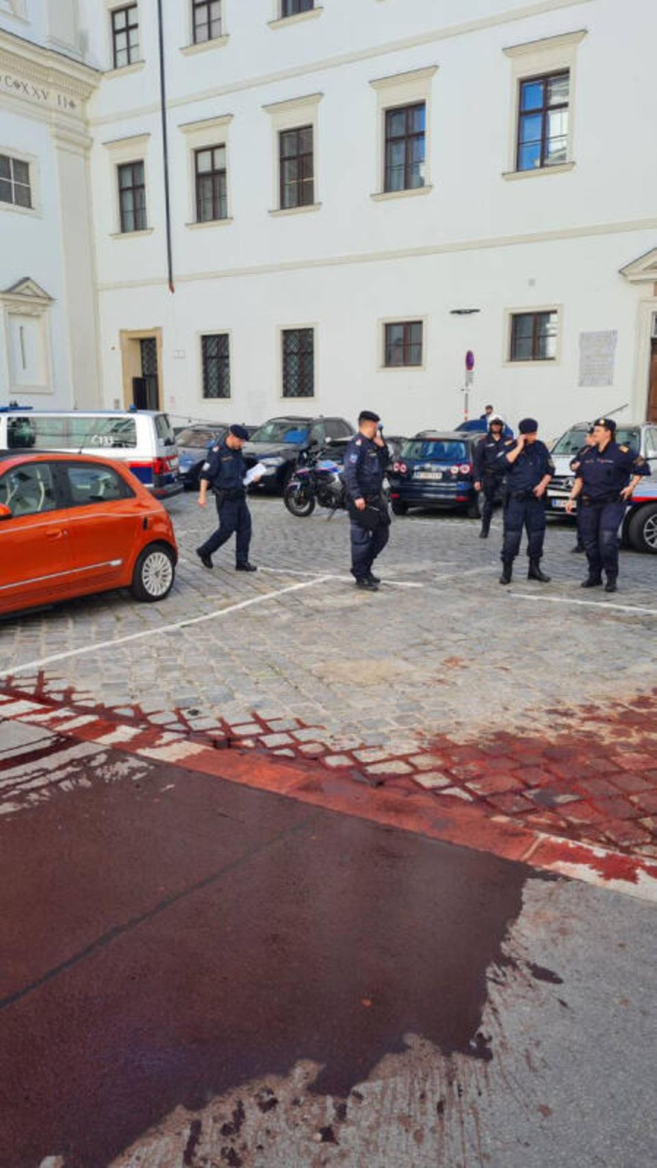 Israelkritiker Omri Boehm: Wiener Aktionismus: Der Platz vor der Akademie der Wissenschaften nach der Farbattacke auf die Bundesministerin Karoline Edtstadler und den Präsidenten der Israelitischen Kultusgemeinde, Oskar Deutsch. Wiener Aktionismus: Der Platz vor der Akademie der Wissenschaften nach der Farbattacke auf die Bundesministerin Karoline Edtstadler und den Präsidenten der Israelitischen Kultusgemeinde, Oskar Deutsch.