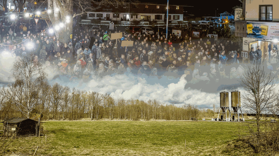 Bildkombination zeigt ein Feld in Warngau und eine Bürgerversammlung