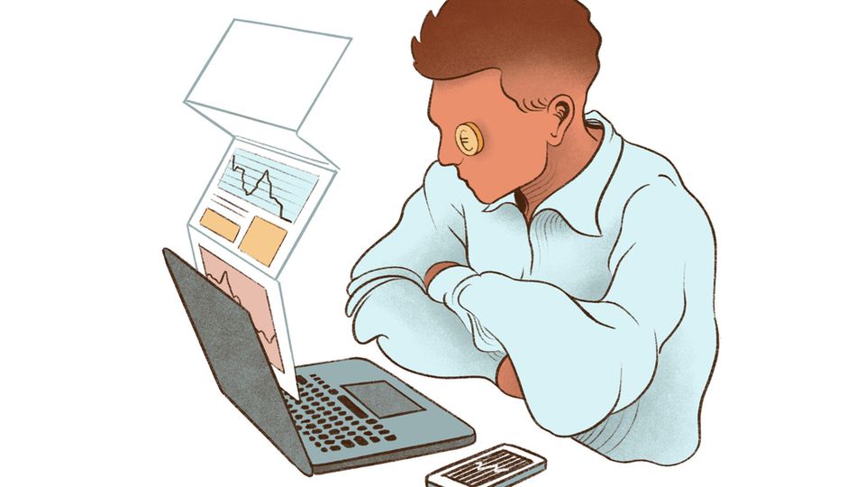 Illustration zeigt einen jungen Mann mit Geld Augen der vor einem Laptop und seinem Handy Aktienkurse checkt