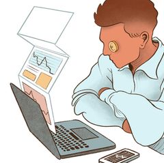Illustration zeigt einen jungen Mann mit Geld Augen der vor einem Laptop und seinem Handy Aktienkurse checkt