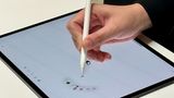 Der heimliche Star kommt unscheinbar daher: Der Apple Pencil Pro bietet dank neuer Sensoren zahlreiche neue Funktionen, lässt sich etwa durch zusammendrücken zum Öffnen von Menüs benutzen, wie im Bild zu sehen. Ein großer Unterschied zum einfachen Apple Pencil ist optisch aber nicht zu erkennen