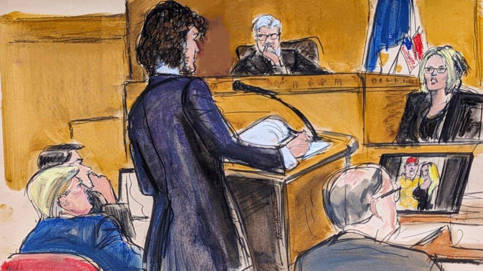 Zeichnung: Richter Juan Merchan leitet das Verfahren, während Stormy Daniels Fragen der Staatsanwältin beantwortet