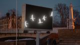 Kraniche auf elektronischen Plakatwänden bei Nacht